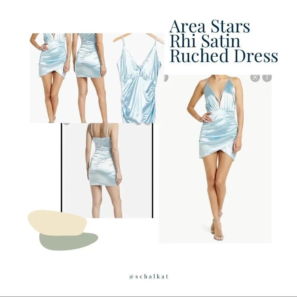 NWT Area Star Rhi Satin Ruched Dress. Sexy cocktail dress, deep V neck